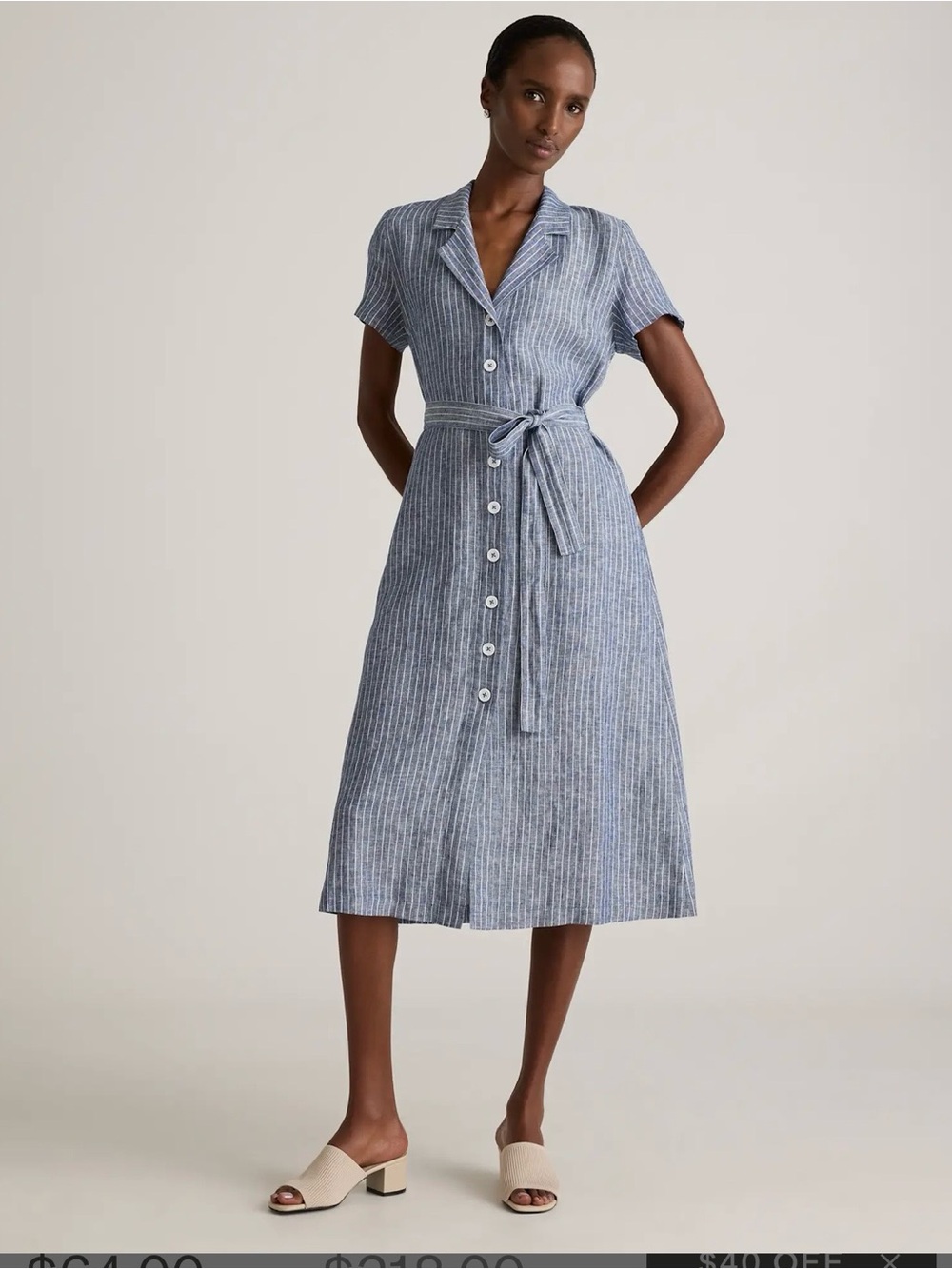 Quince Blue-Striped Button Front Tie-Waist European Linen Midi Dress NWT